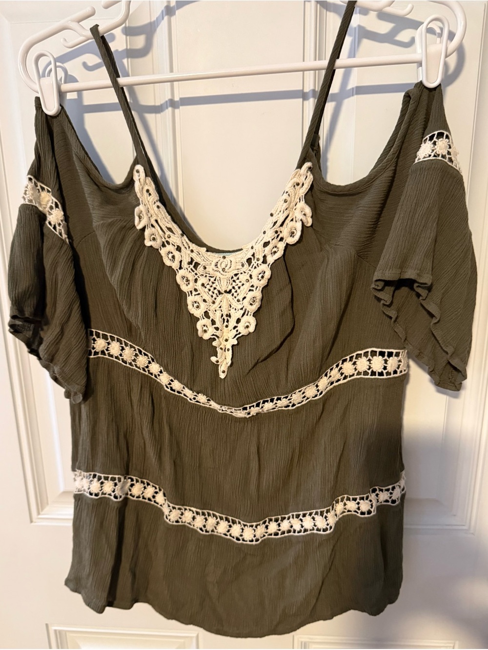 Maurices Olive Cold-Shoulder Top with Cream Crochet Trim
